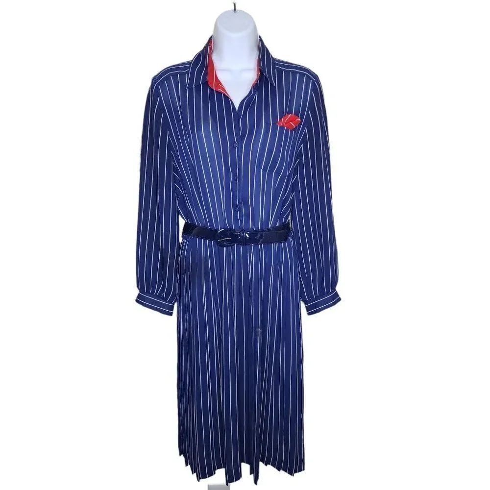 Vintage 1970s Belted Shirt Dress Womens Size M Blue Pinstripes Red Mob Accent